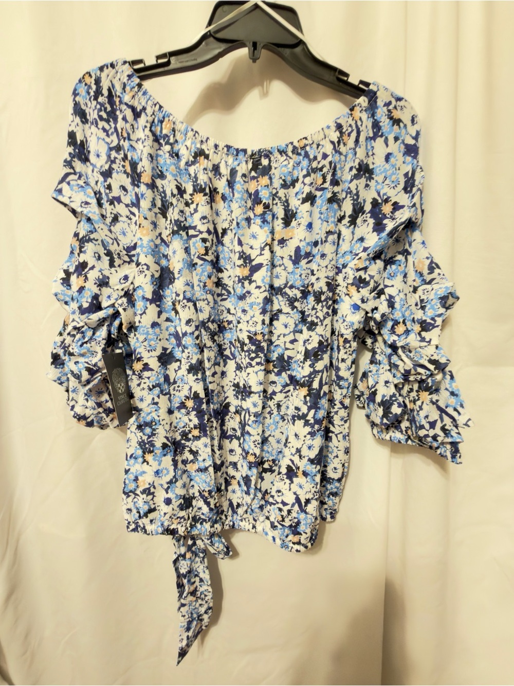 Vince Camuto Off Shoulder Bubble Sleeve Side Tie Blouse, size M, Blue Shadow NWT - Picture 12 of 14